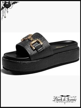 Woven platform sandals with metal chain detail, slip-on espadrilles